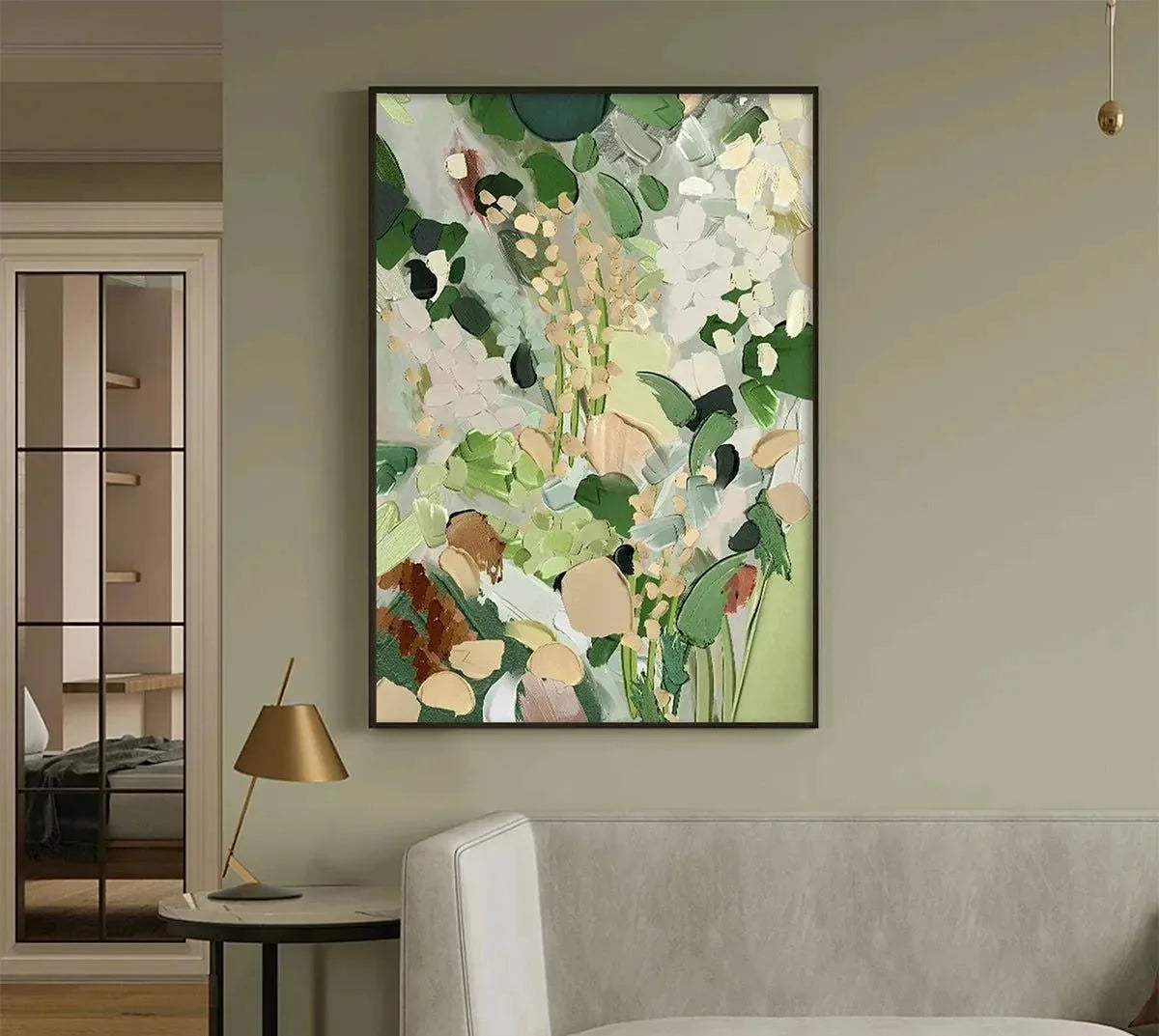 WHISPERING MEADOW: Textured Abstract Floral Painting in Green and Gold | Abstract mood, soft natural light studio shot