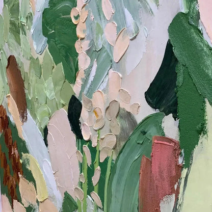 WHISPERING MEADOW: Textured Abstract Floral Painting in Green and Gold | texture detail, palette knife marks visible