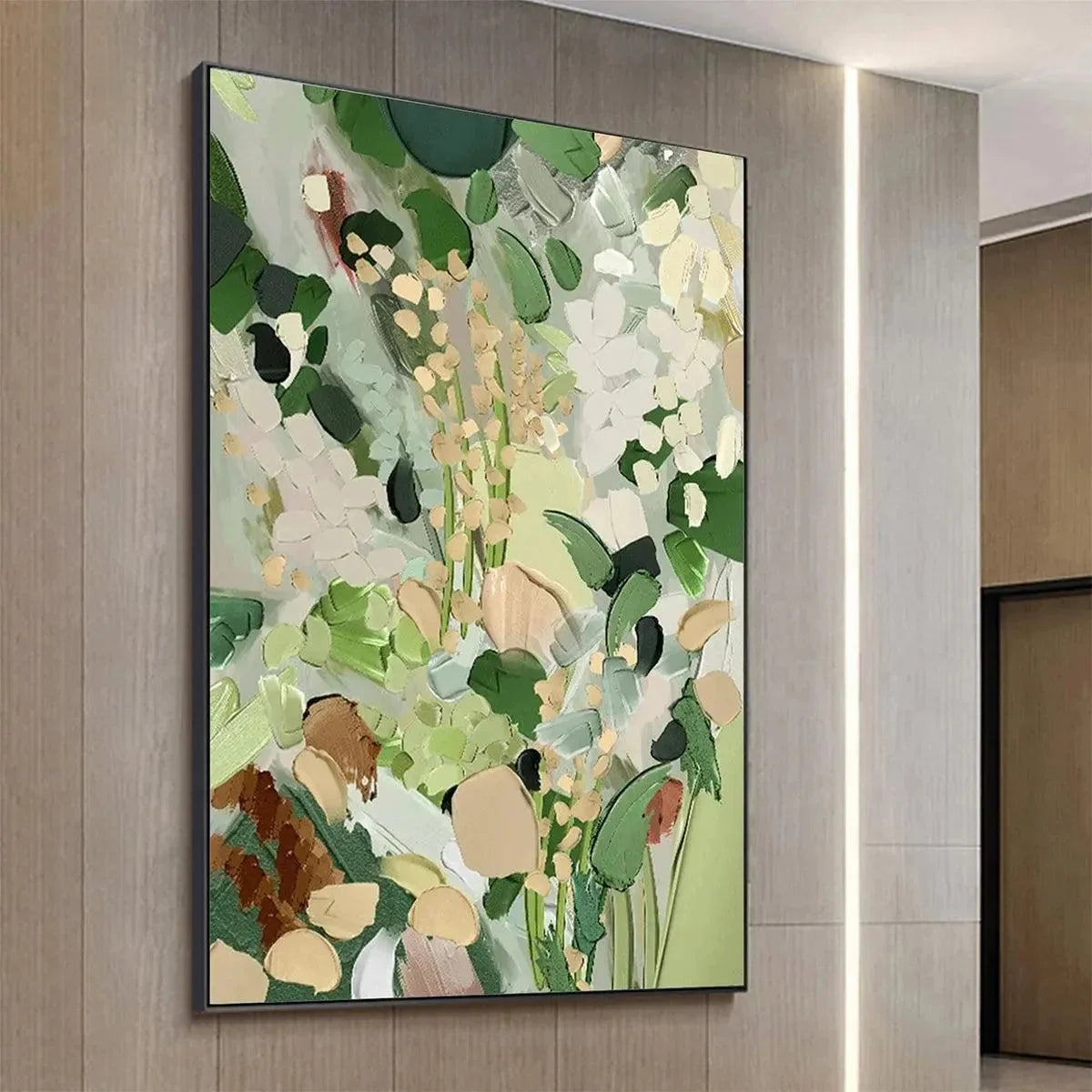 WHISPERING MEADOW: Textured Abstract Floral Painting in Green and Gold | texture detail, palette knife marks visible