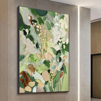WHISPERING MEADOW: Textured Abstract Floral Painting in Green and Gold | texture detail, palette knife marks visible