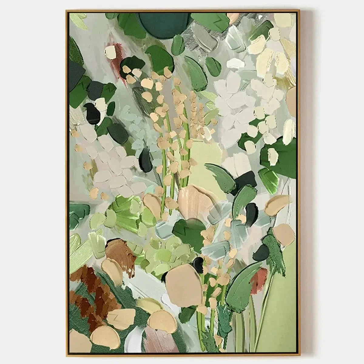 WHISPERING MEADOW: Textured Abstract Floral Painting in Green and Gold | hanging in living room, Abstract wall art