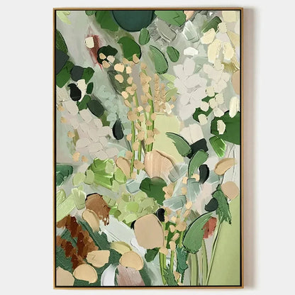 WHISPERING MEADOW: Textured Abstract Floral Painting in Green and Gold | hanging in living room, Abstract wall art