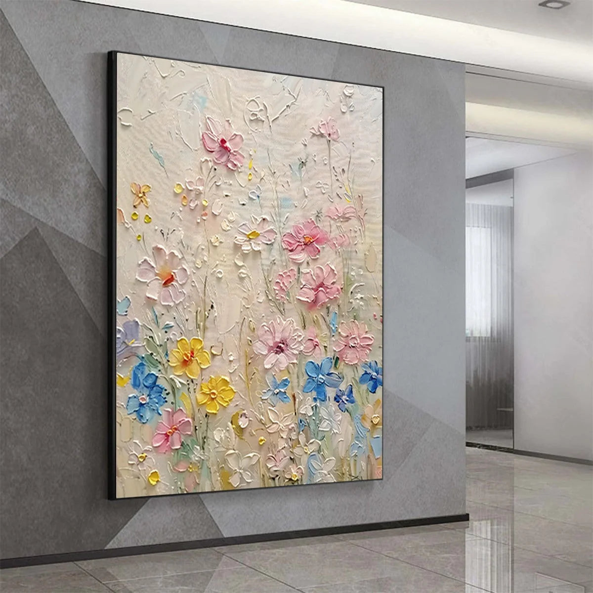 WHISPERING MEADOW: Textured Floral Impasto Oil Painting | gold frame stretched on neutral wall
