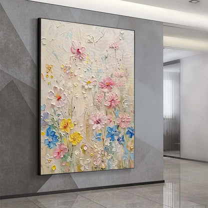 WHISPERING MEADOW: Textured Floral Impasto Oil Painting | gold frame stretched on neutral wall