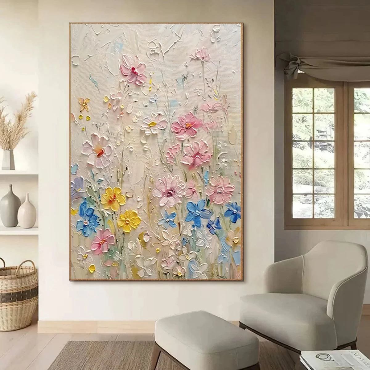 WHISPERING MEADOW: Textured Floral Impasto Oil Painting | black frame version on white wall