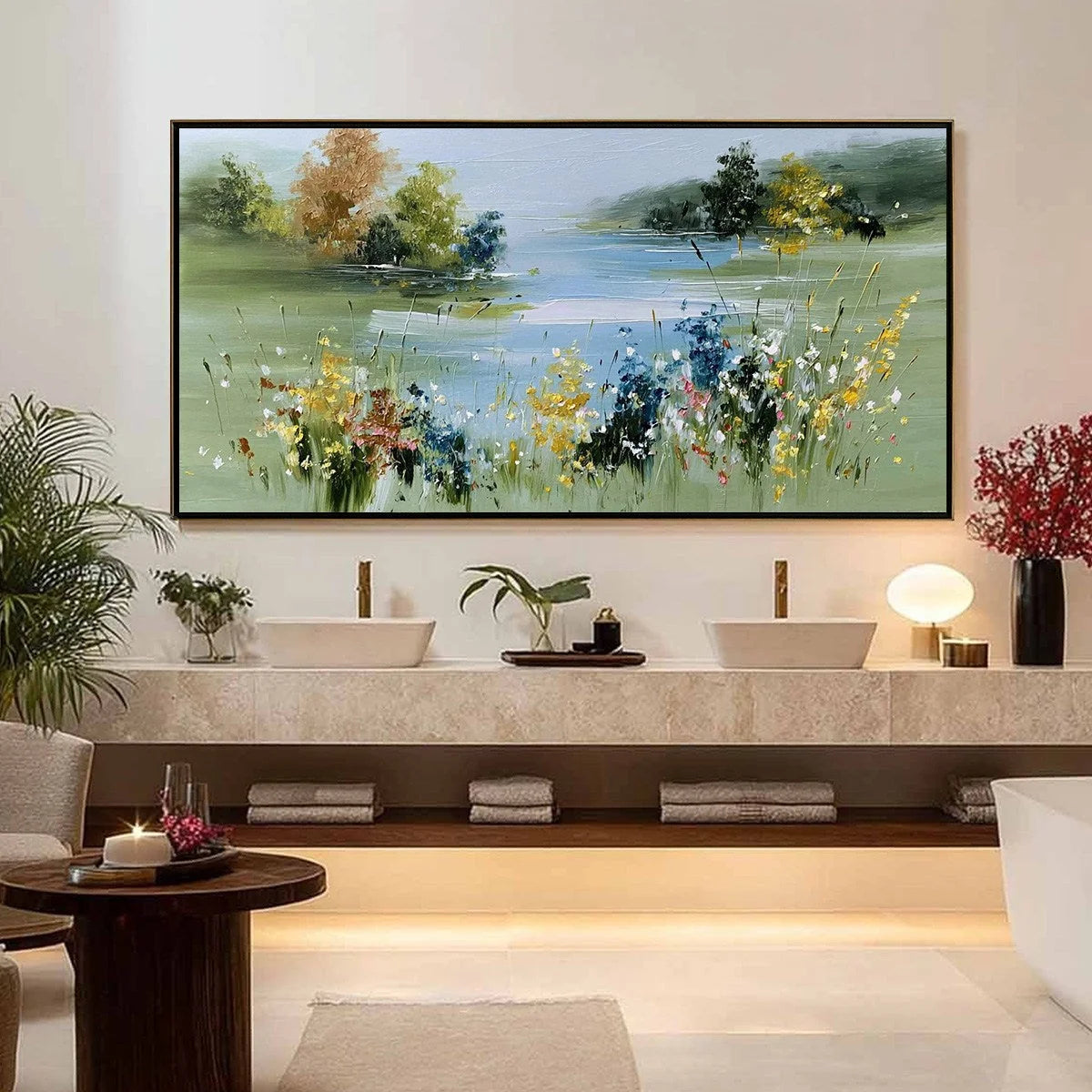 WHISPERING MEADOW: Textured Impasto Wildflower Landscape Painting | gold frame stretched on neutral wall