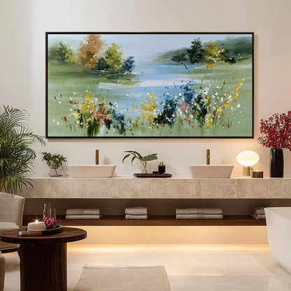 WHISPERING MEADOW: Textured Impasto Wildflower Landscape Painting | gold frame stretched on neutral wall