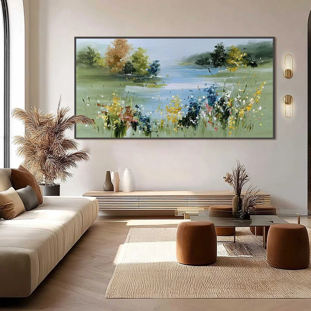 WHISPERING MEADOW: Textured Impasto Wildflower Landscape Painting | black frame version on white wall