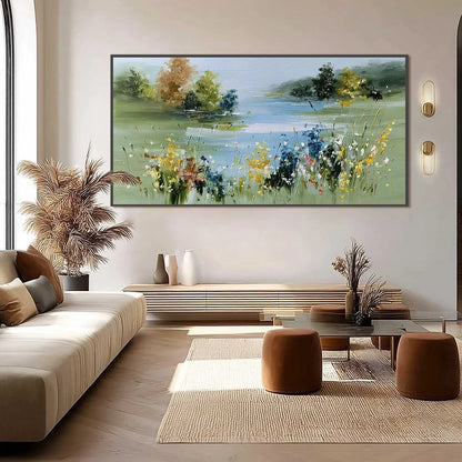 WHISPERING MEADOW: Textured Impasto Wildflower Landscape Painting | black frame version on white wall