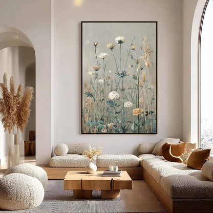 WHISPERING MEADOW: Vintage Botanical Wildflower Painting | Abstract closeup, raised brushwork detail