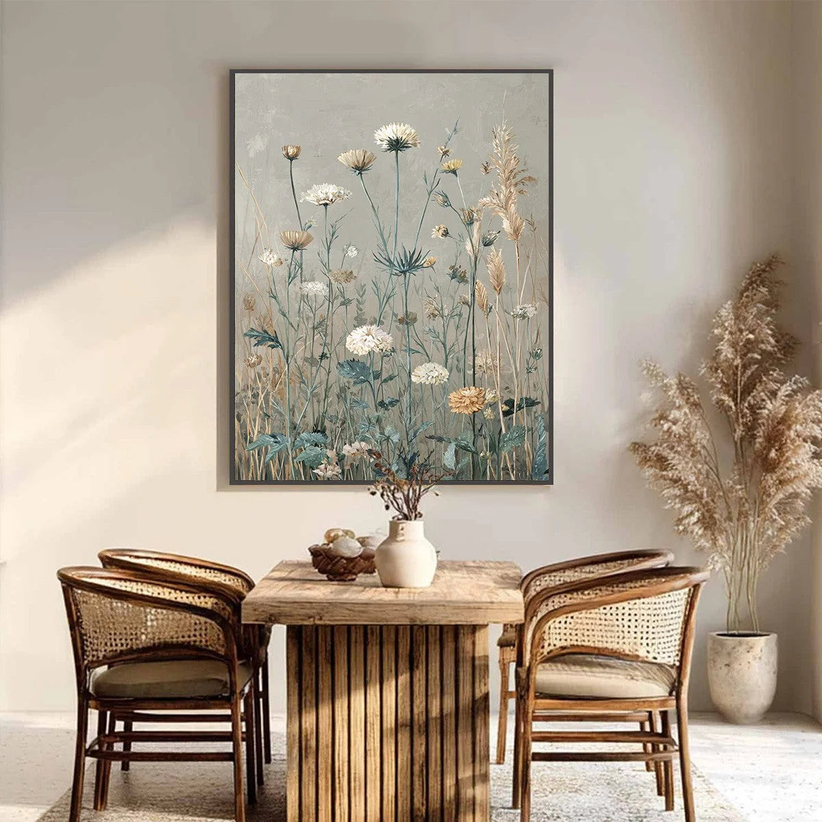 WHISPERING MEADOW: Vintage Botanical Wildflower Painting | gold frame stretched on neutral wall