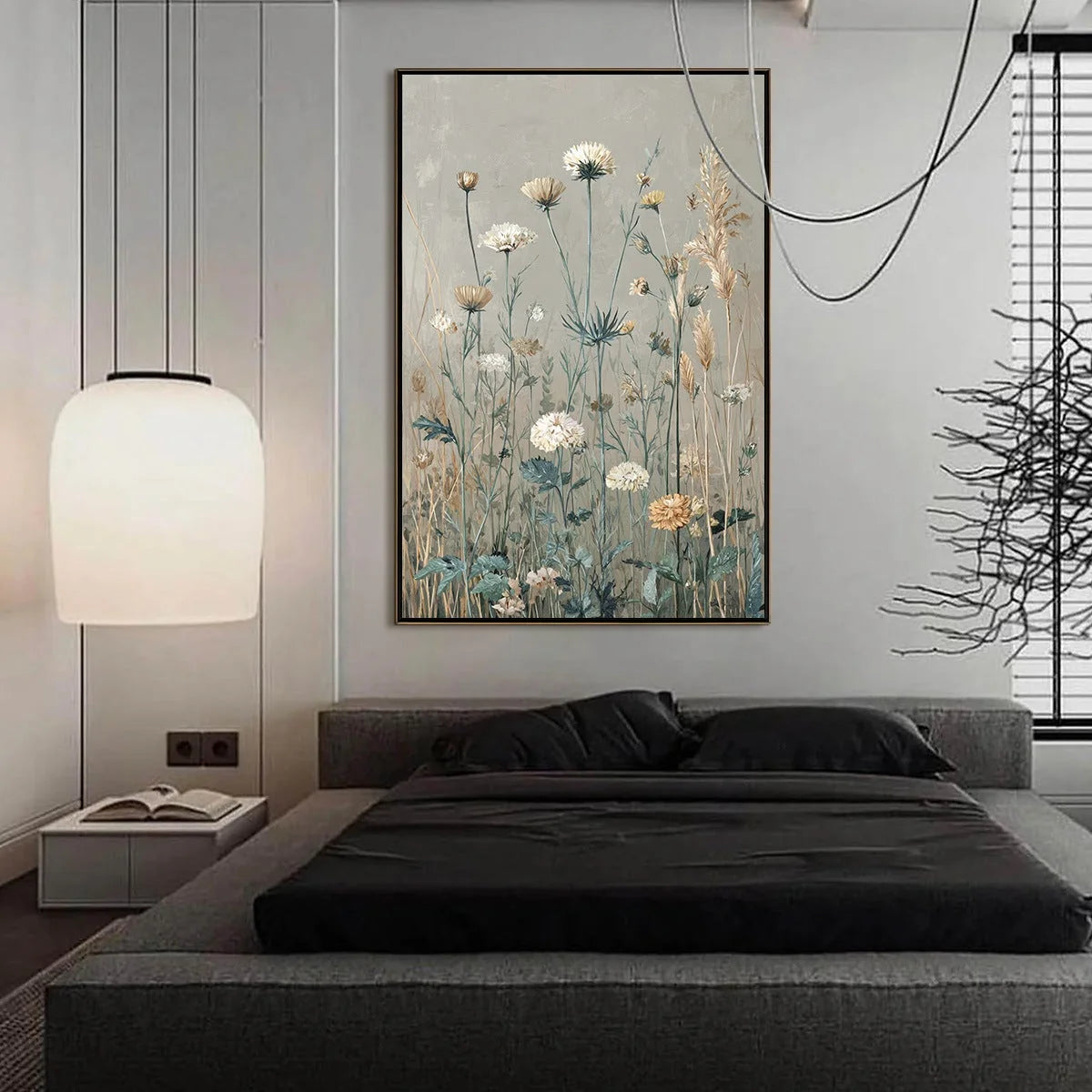 WHISPERING MEADOW: Vintage Botanical Wildflower Painting | black frame version on white wall