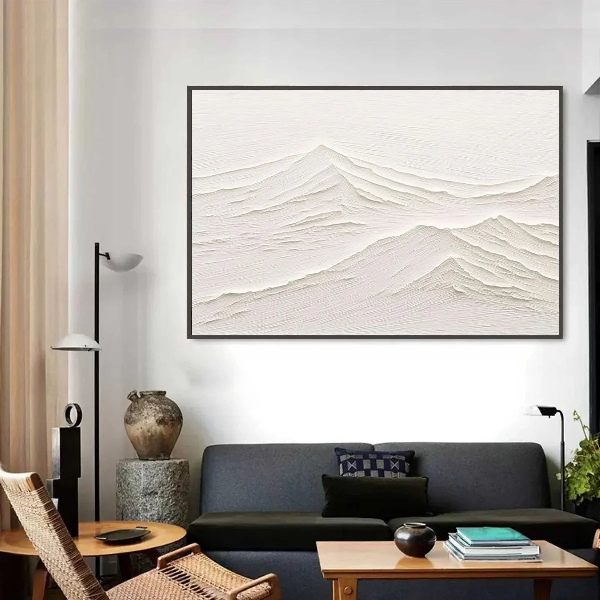 WHISPERING PEAKS: Textured Minimalist White Mountain Painting | rectangular format, hand-painted canvas edge
