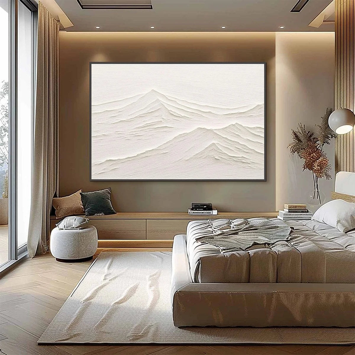 WHISPERING PEAKS: Textured Minimalist White Mountain Painting | gold frame stretched on neutral wall
