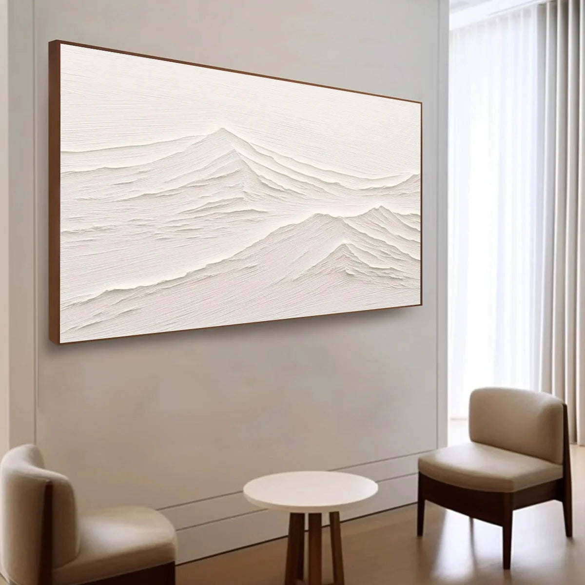 WHISPERING PEAKS: Textured Minimalist White Mountain Painting | rolled canvas, ready for custom framing