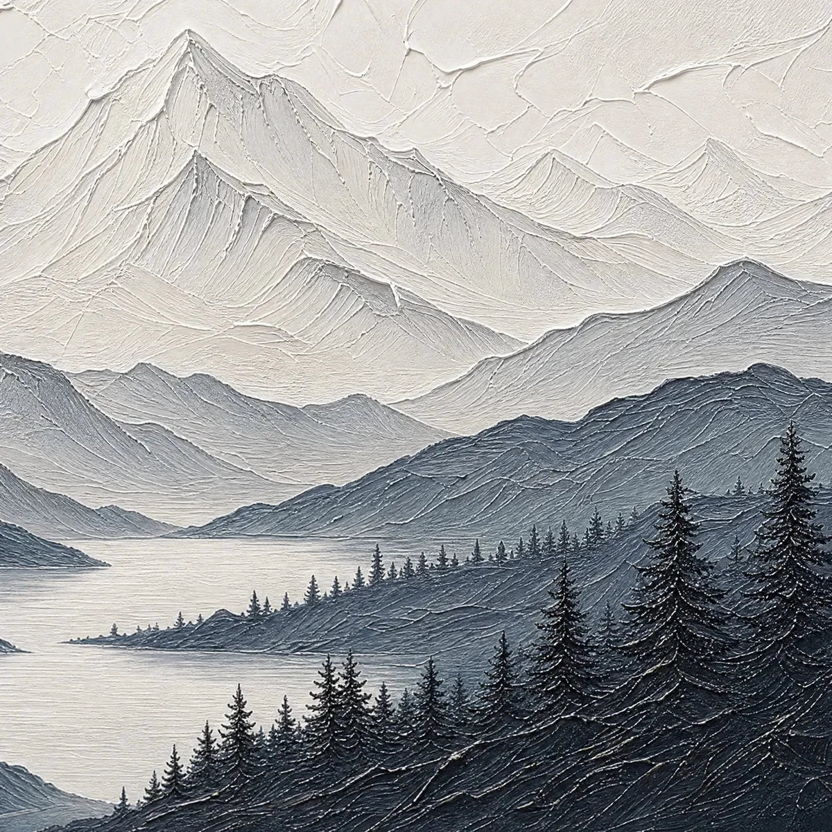 WHISPERING PEAKS: Textured Monochrome Mountain Lake Landscape Painting | rectangular format, hand-painted canvas edge