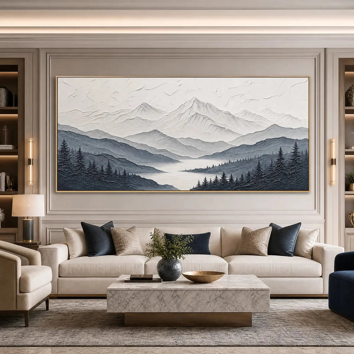 WHISPERING PEAKS: Textured Monochrome Mountain Lake Landscape Painting | gold frame stretched on neutral wall