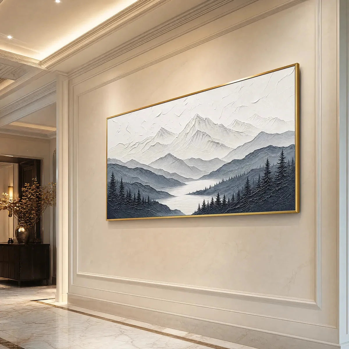 WHISPERING PEAKS: Textured Monochrome Mountain Lake Landscape Painting | rolled canvas, ready for custom framing