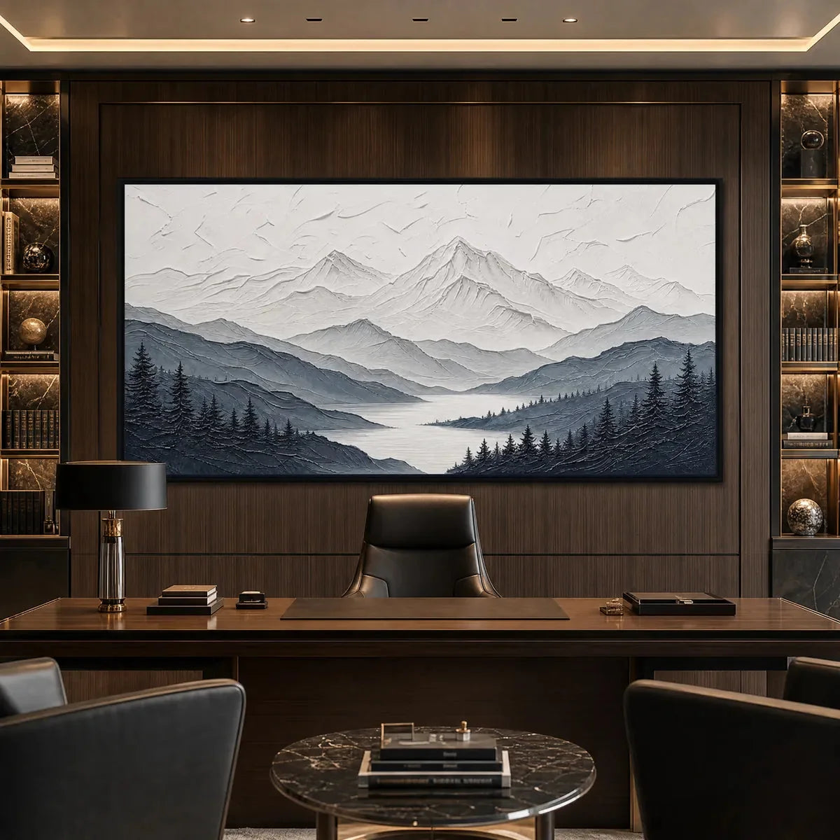 WHISPERING PEAKS: Textured Monochrome Mountain Lake Landscape Painting | black frame version on white wall