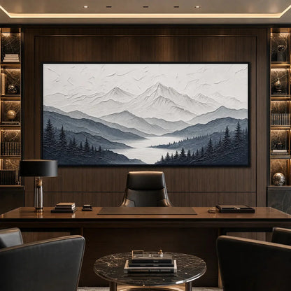 WHISPERING PEAKS: Textured Monochrome Mountain Lake Landscape Painting | black frame version on white wall