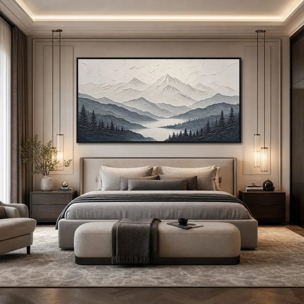WHISPERING PEAKS: Textured Monochrome Mountain Lake Landscape Painting | Landscape mood, soft natural light studio shot