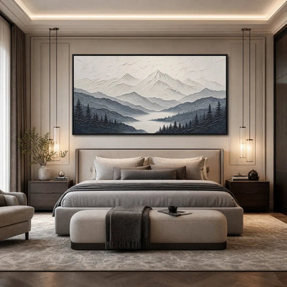 WHISPERING PEAKS: Textured Monochrome Mountain Lake Landscape Painting | Landscape mood, soft natural light studio shot