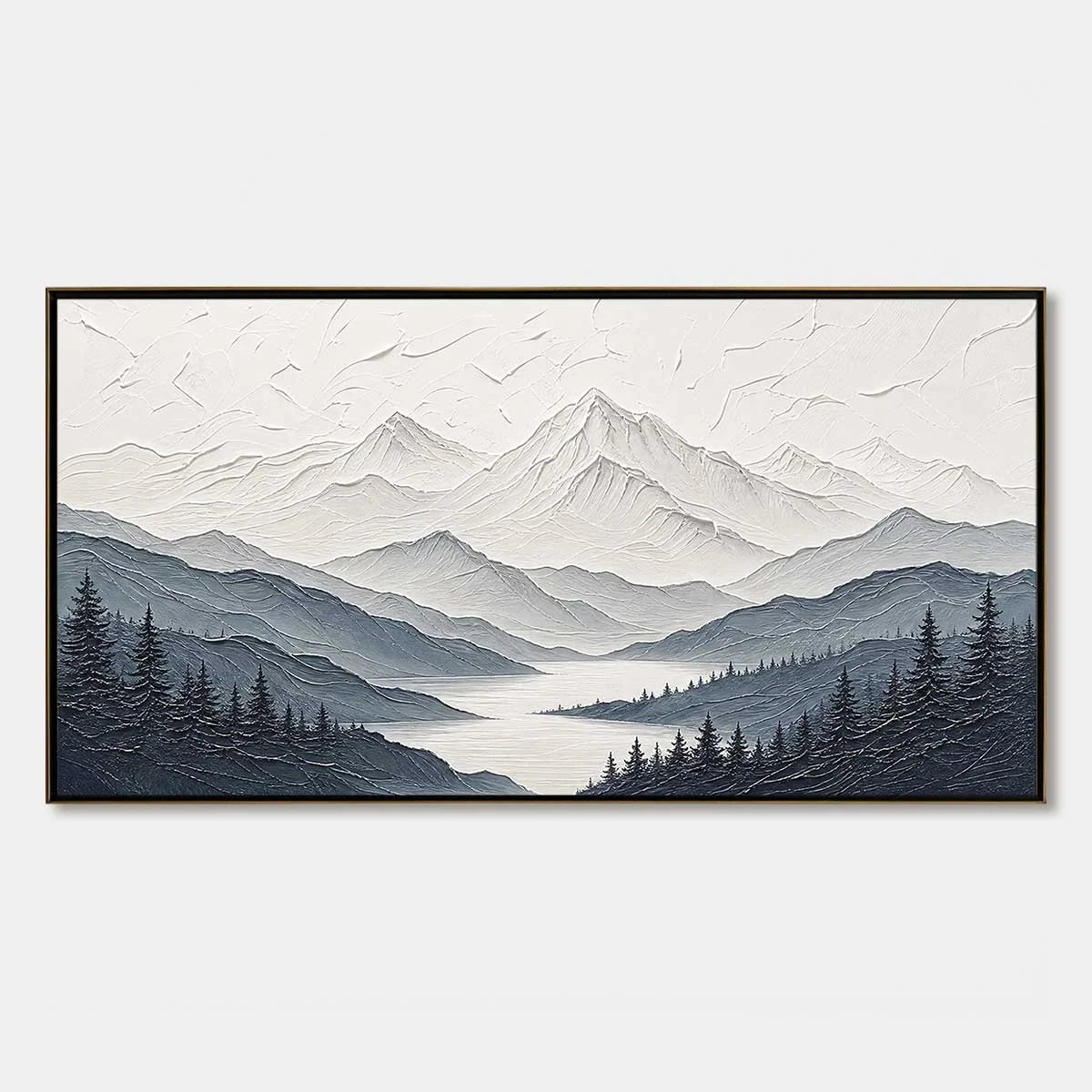 WHISPERING PEAKS: Textured Monochrome Mountain Lake Landscape Painting | hanging in living room, Landscape wall art