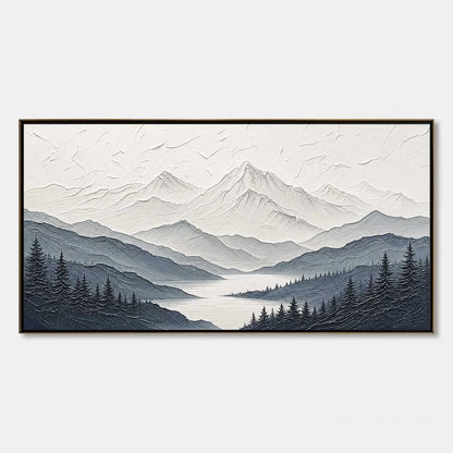 WHISPERING PEAKS: Textured Monochrome Mountain Lake Landscape Painting | hanging in living room, Landscape wall art