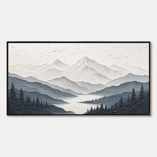 WHISPERING PEAKS: Textured Monochrome Mountain Lake Landscape Painting | hanging in living room, Landscape wall art