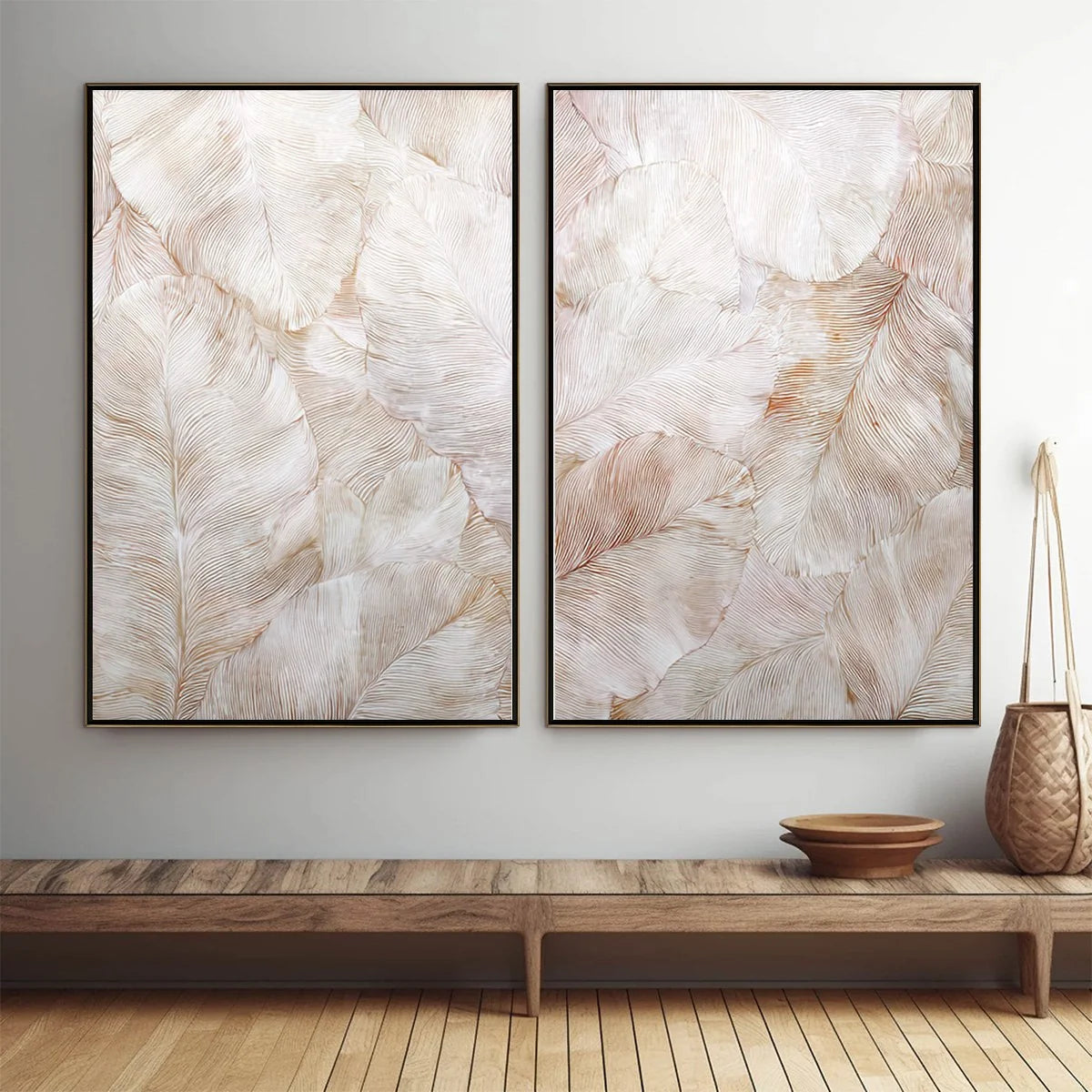 WHISPERING PLUMES: Textured Wabi Sabi Feather Painting Diptych | Figurative closeup, raised brushwork detail