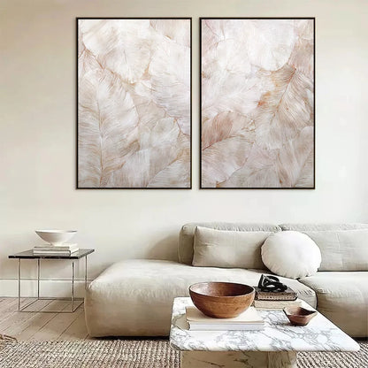 WHISPERING PLUMES: Textured Wabi Sabi Feather Painting Diptych | rectangular format, hand-painted canvas edge