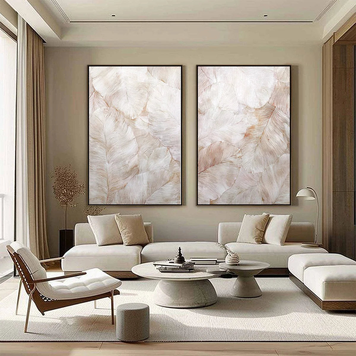WHISPERING PLUMES: Textured Wabi Sabi Feather Painting Diptych | gold frame stretched on neutral wall