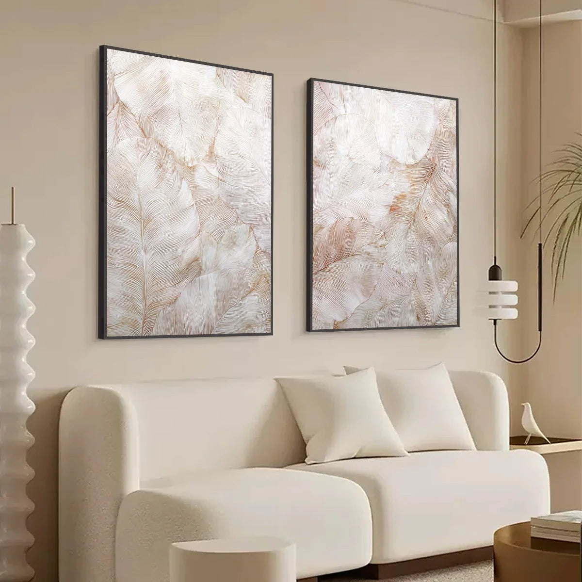 WHISPERING PLUMES: Textured Wabi Sabi Feather Painting Diptych | rolled canvas, ready for custom framing