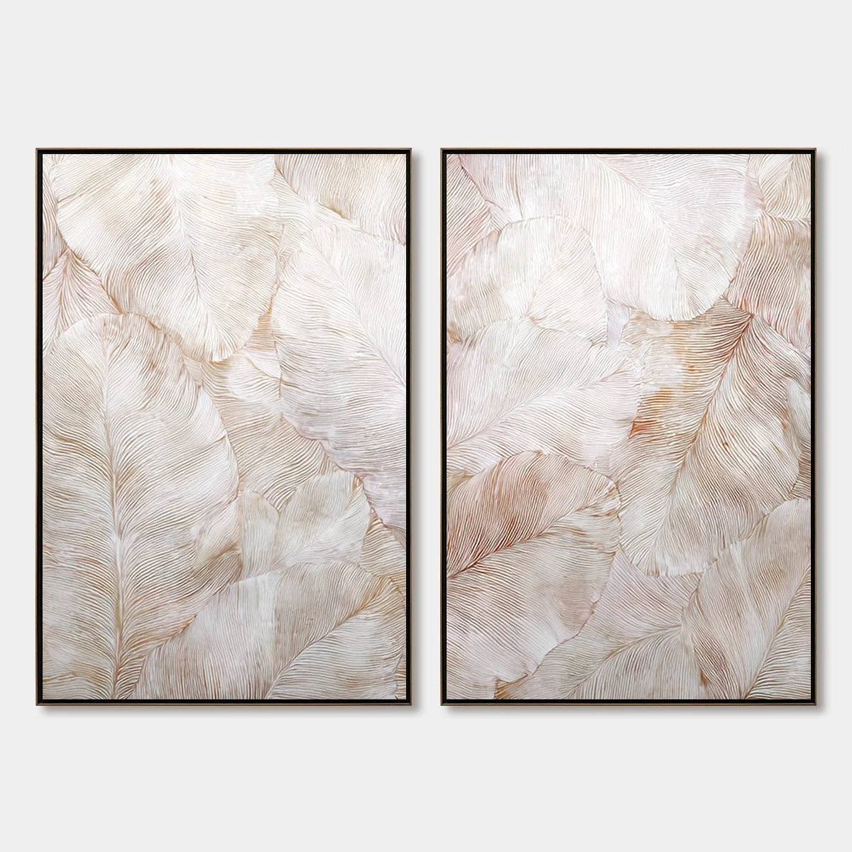 WHISPERING PLUMES: Textured Wabi Sabi Feather Painting Diptych | hanging in living room, Figurative wall art