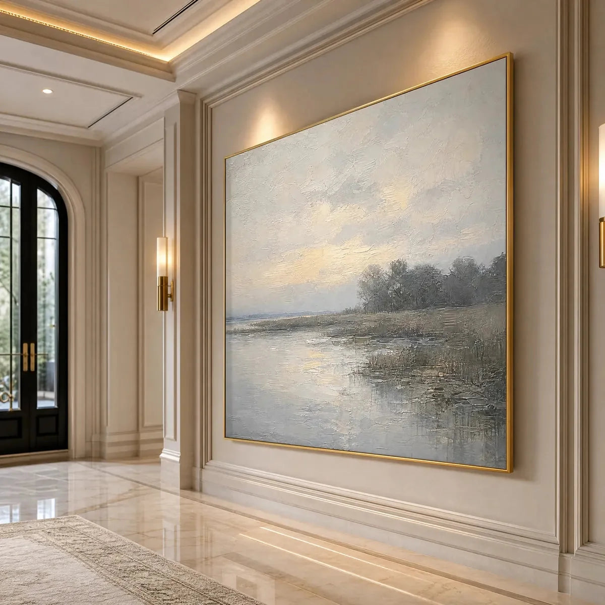 WHISPERING REEDS: Textured Wabi-Sabi Coastal Landscape Painting | gold frame stretched on neutral wall
