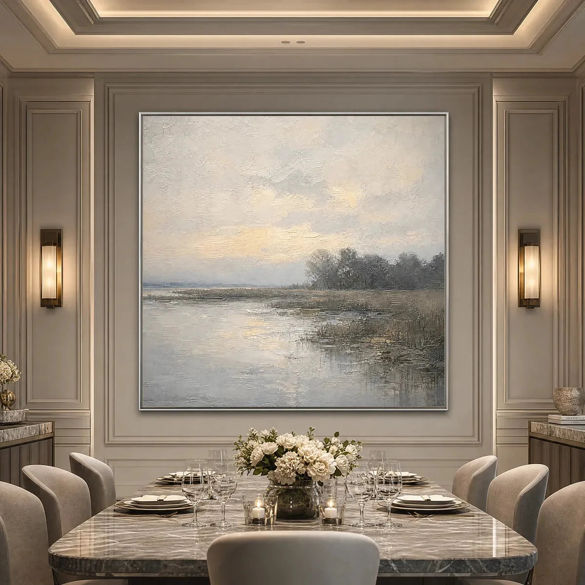 WHISPERING REEDS: Textured Wabi-Sabi Coastal Landscape Painting | black frame version on white wall