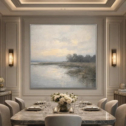 WHISPERING REEDS: Textured Wabi-Sabi Coastal Landscape Painting | black frame version on white wall