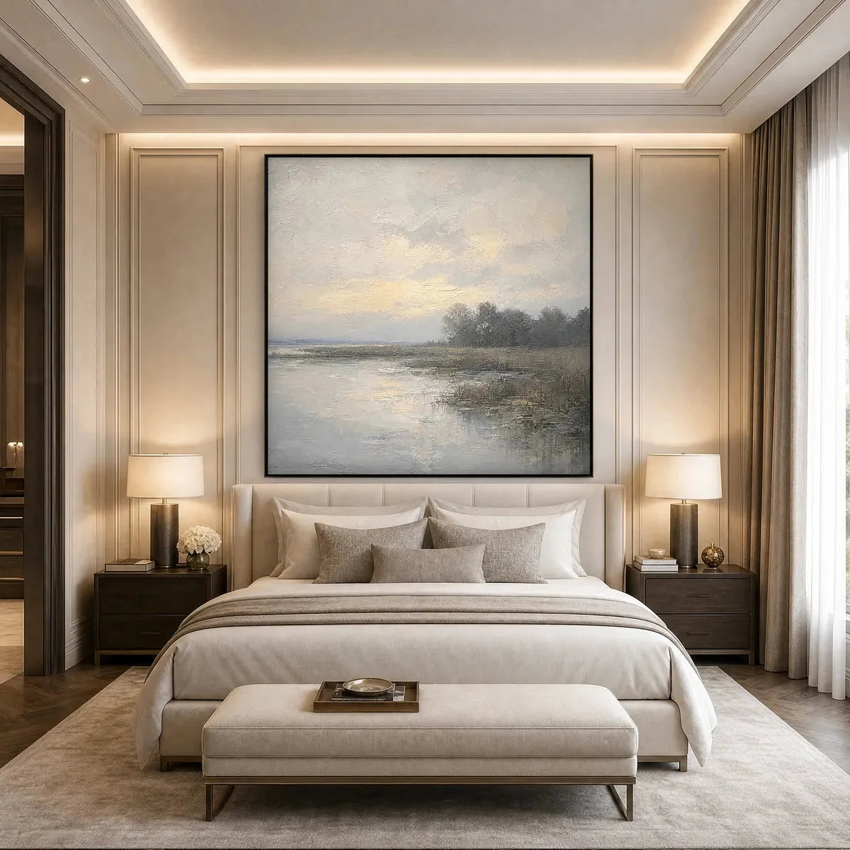WHISPERING REEDS: Textured Wabi-Sabi Coastal Landscape Painting | Landscape mood, soft natural light studio shot