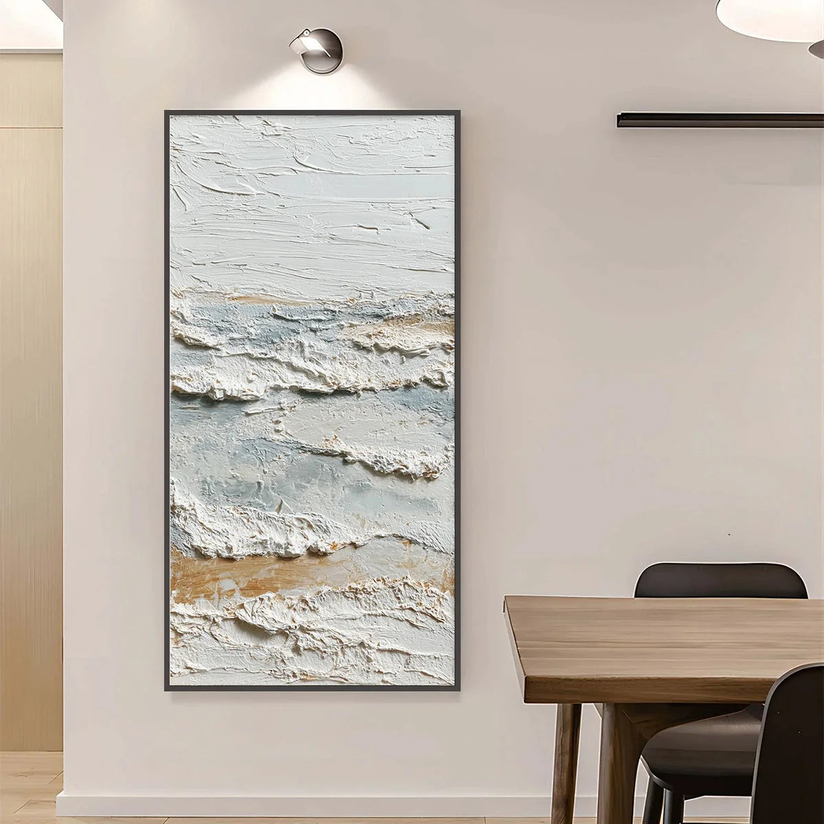 WHISPERING TIDES | gold frame stretched on neutral wall