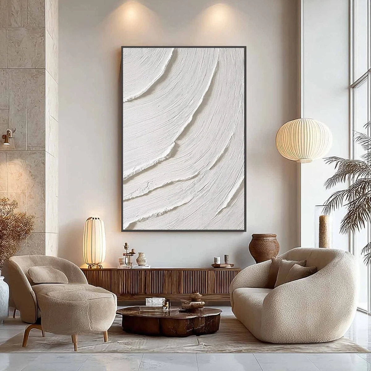 WHISPERING WAVES | gold frame stretched on neutral wall