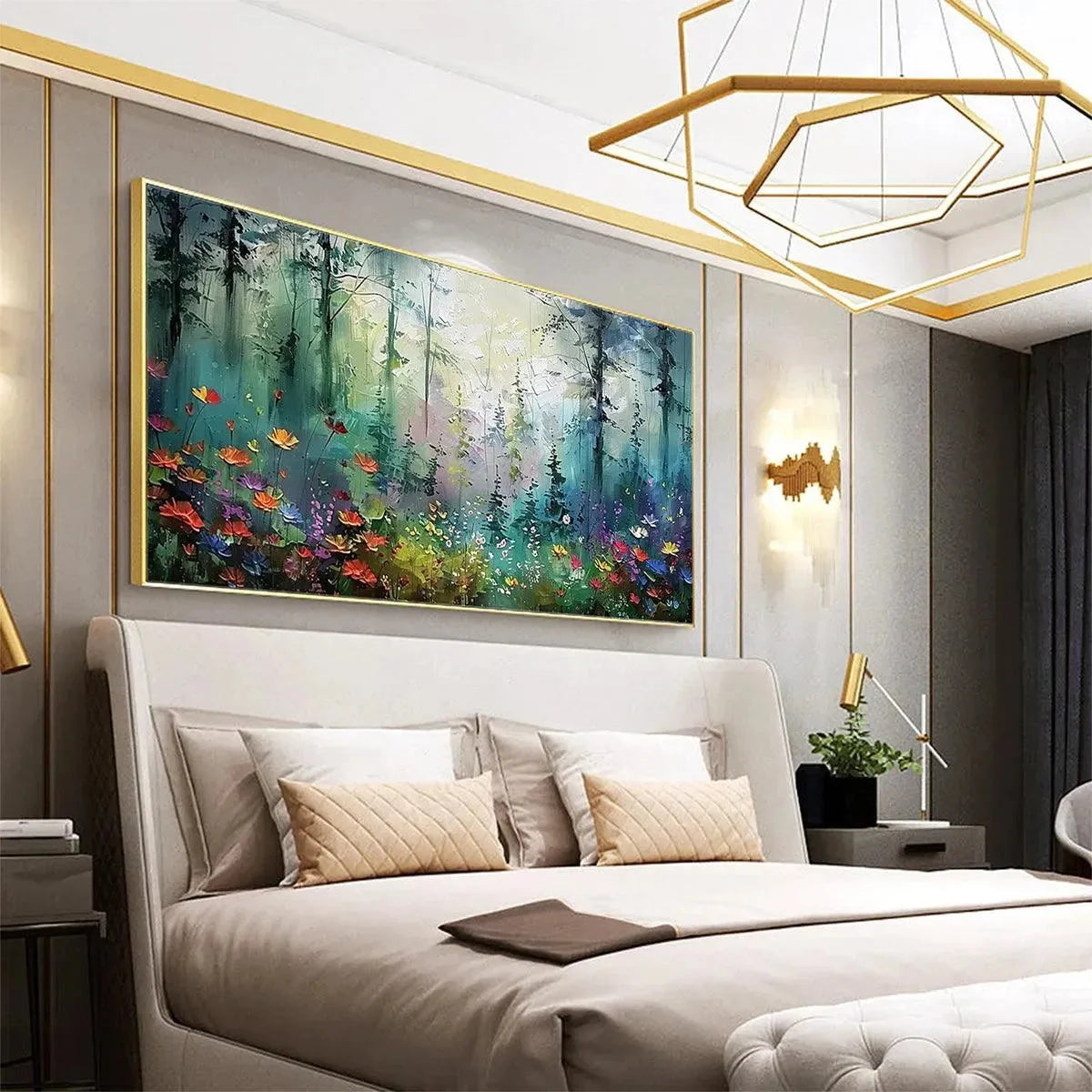 WHISPERING WOODS | gold frame stretched on neutral wall