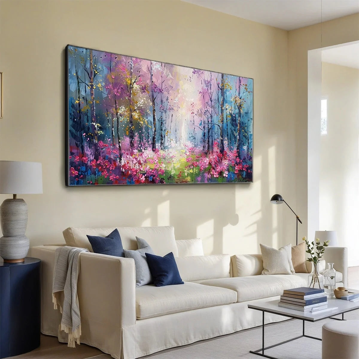 WHISPERING WOODS | gold frame stretched on neutral wall