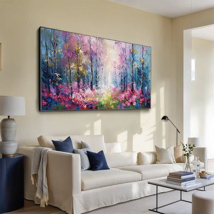 WHISPERING WOODS | gold frame stretched on neutral wall