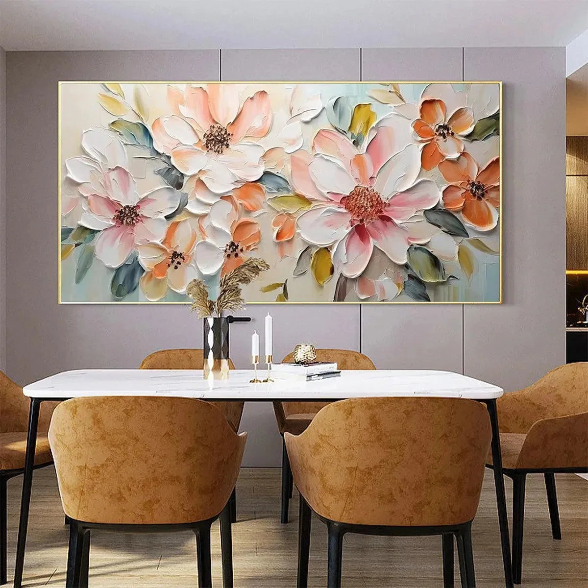 PEACH BLOSSOM | gold frame stretched on neutral wall