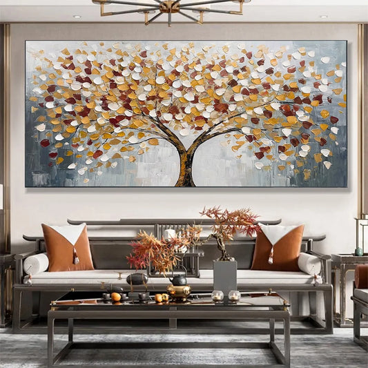 WHISPERS OF AUTUMN: Textured Tree of Life Oil Painting in Gold and Burgundy