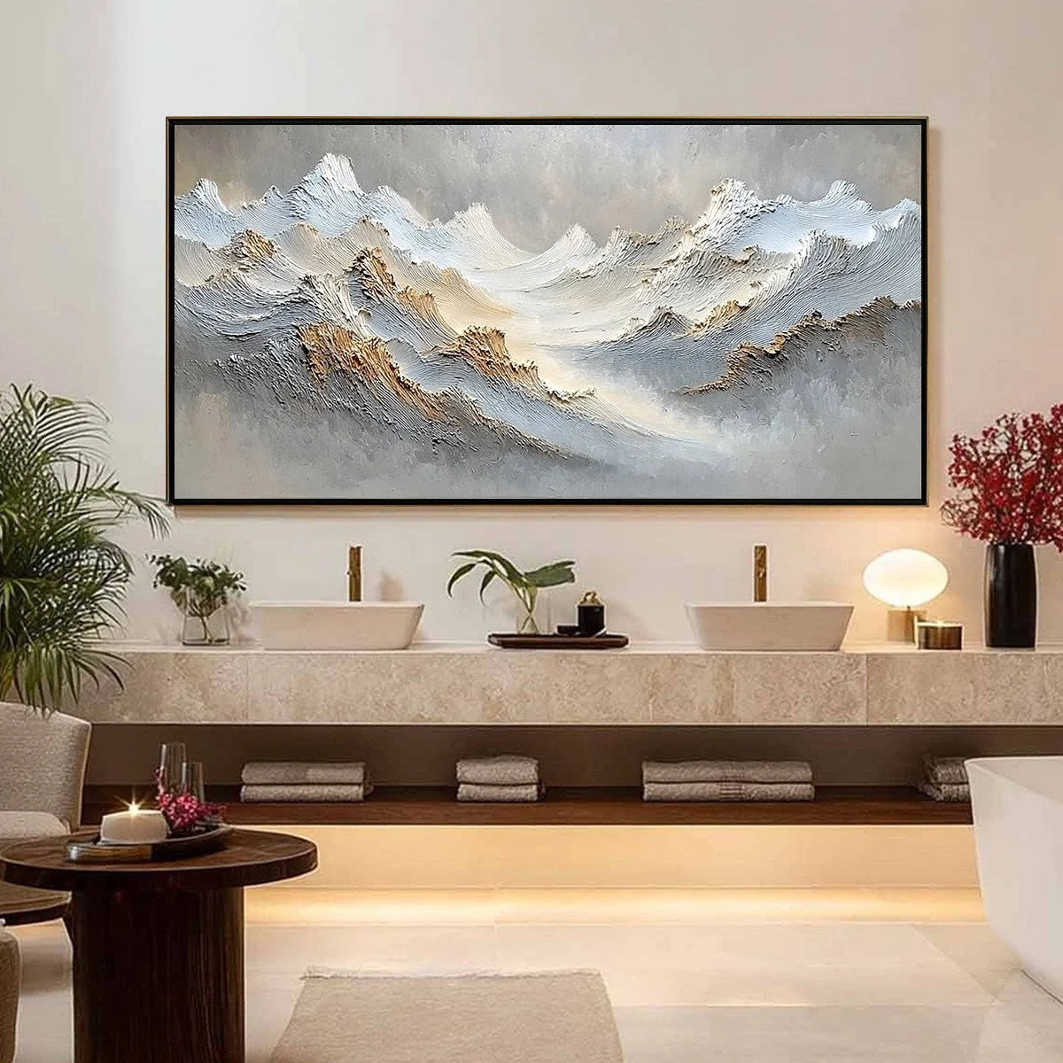 WHISPERS OF THE PEAK | gold frame stretched on neutral wall