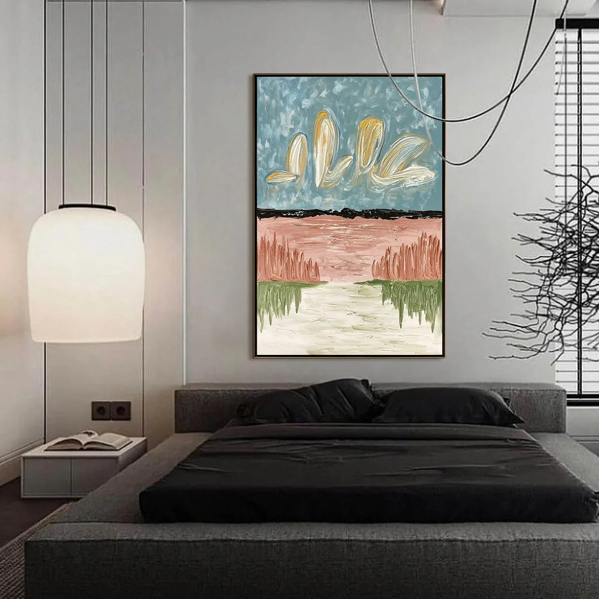 WHISPERS ON THE WATER | gold frame stretched on neutral wall