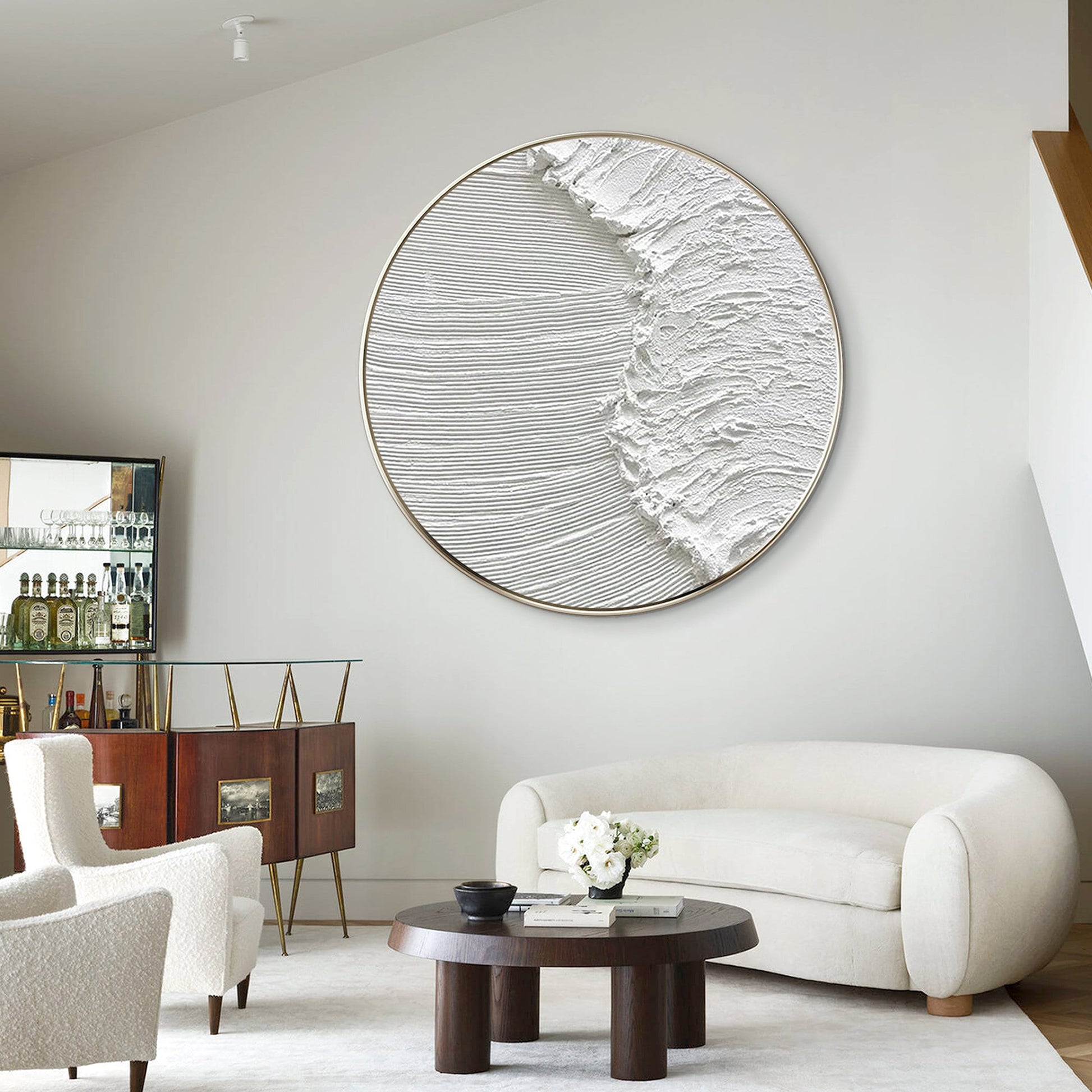 White 3D Texture Round Wall Art: Framed Ocean Waves Canvas #2