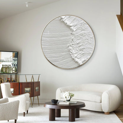 White 3D Texture Round Wall Art: Framed Ocean Waves Canvas #2