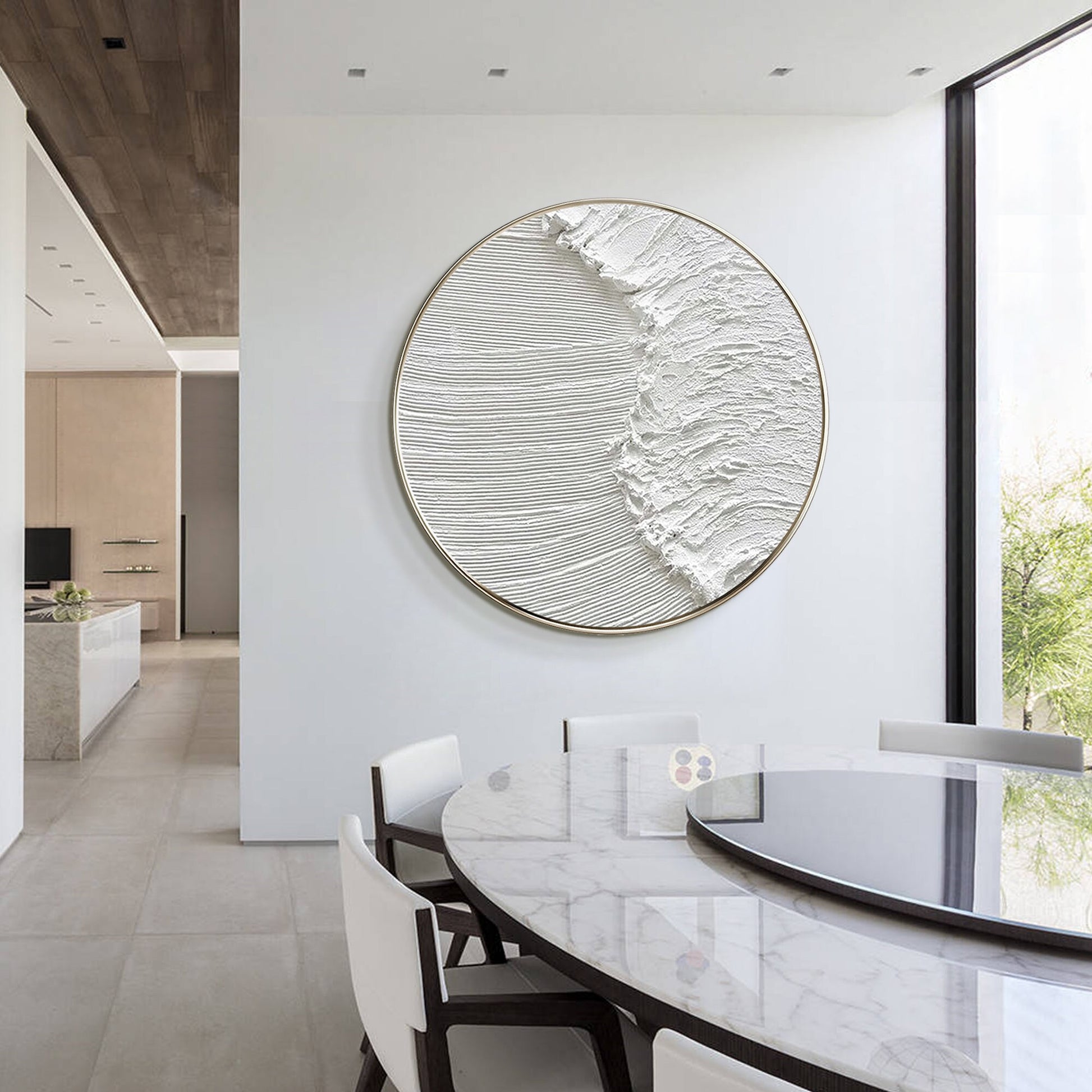 White 3D Texture Round Wall Art: Framed Ocean Waves Canvas #3